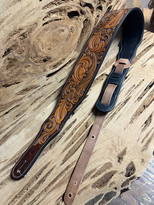 Feather Tooled Guitar Strap-Two Tone Brown