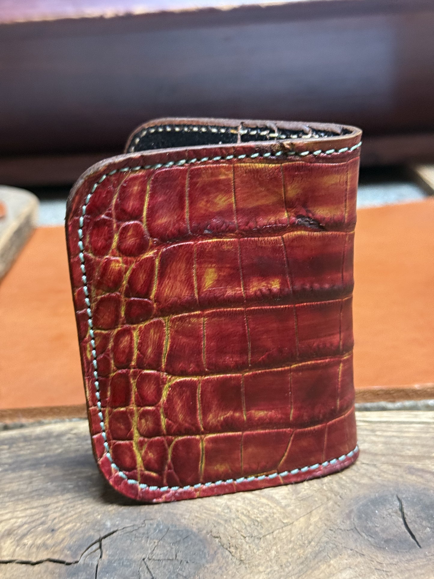 Alligator Compact Card Wallet-Red/Yellow/Brown
