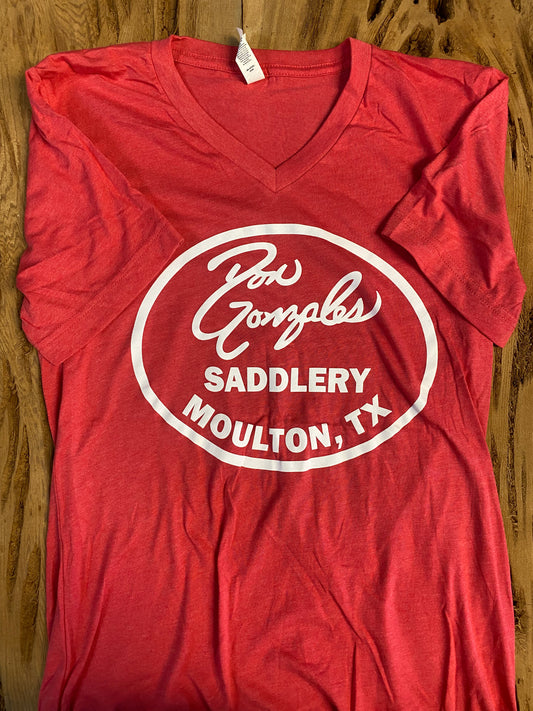 V - Neck DG Saddlery Logo Tshirt - Heather Red
