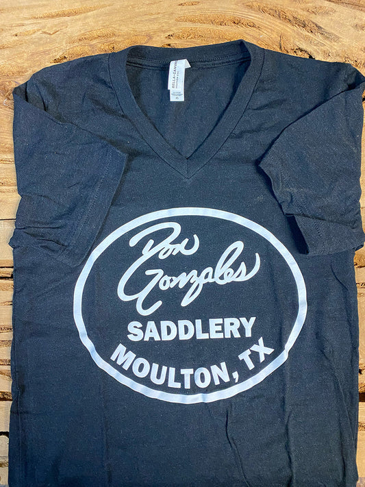 V - Neck DG Saddlery Logo Tshirt - Heather Black