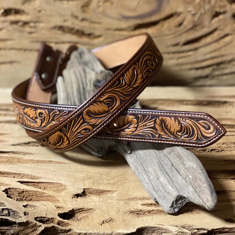 Floral Tooled Leather Belt - TwoTone Brown Leaf Pattern