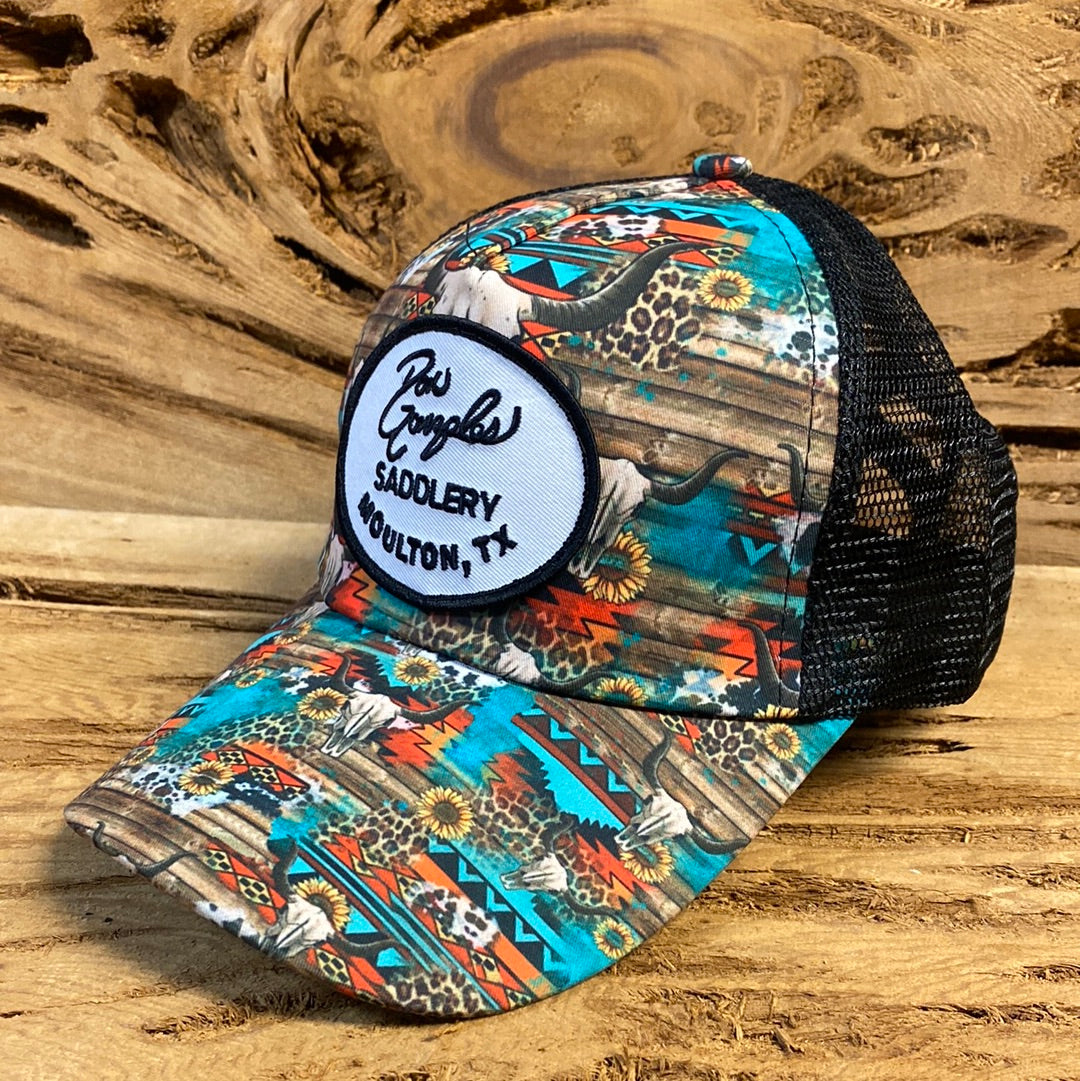Women’s Pony Tail Cap - Teal CowSkull