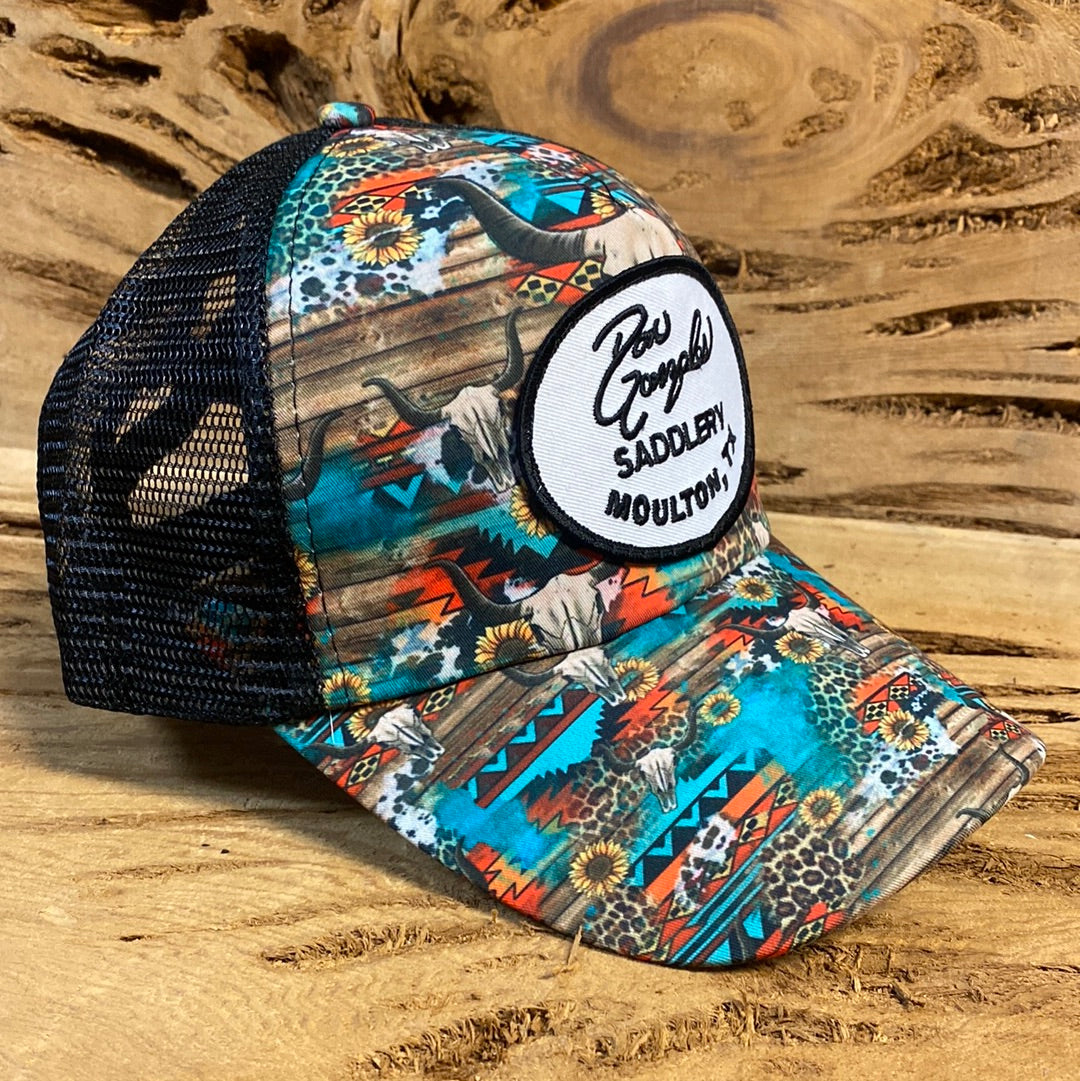 Women’s Pony Tail Cap - Teal CowSkull