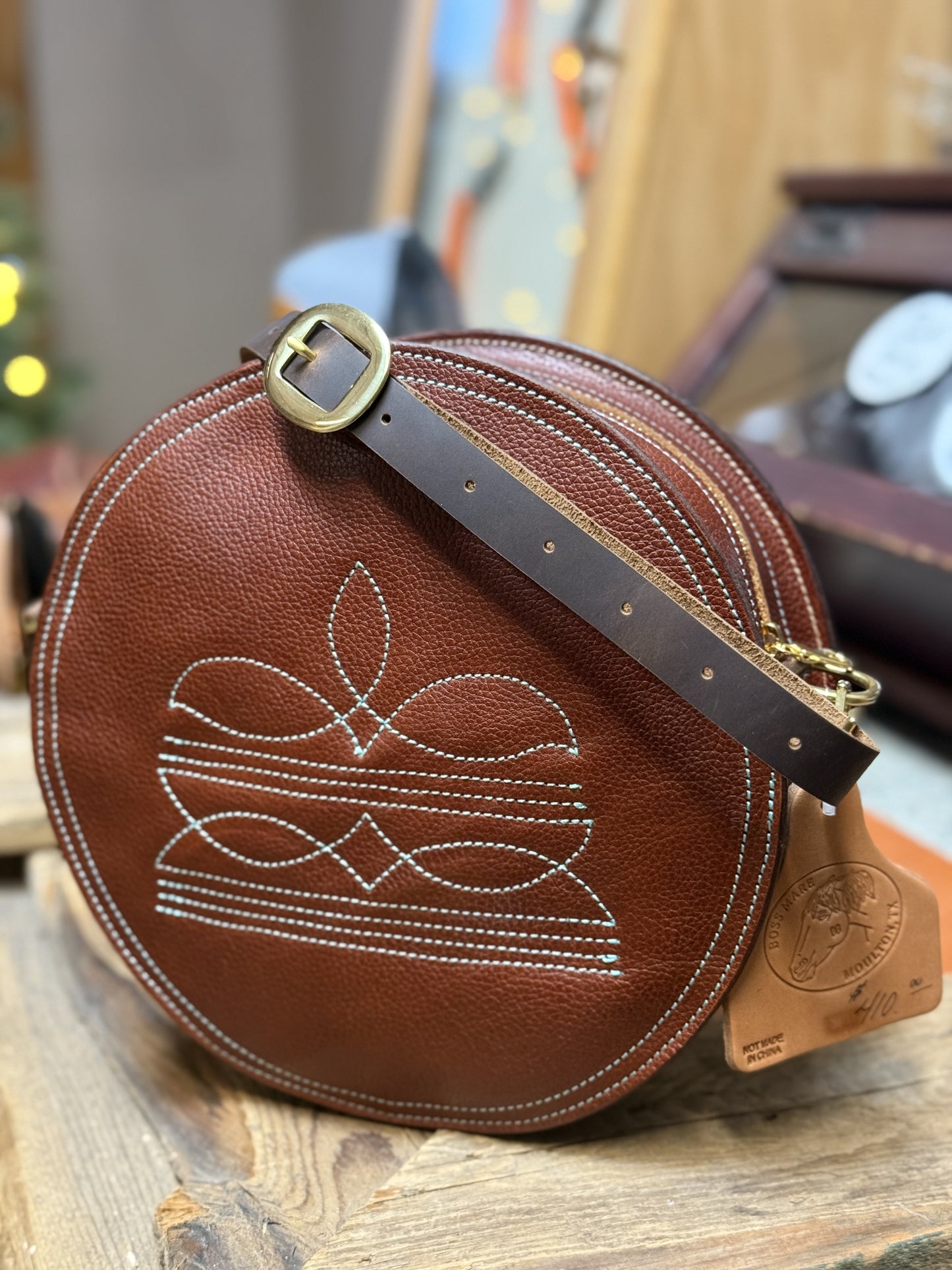Boot Stitched 10” Round Purse-Chestnut