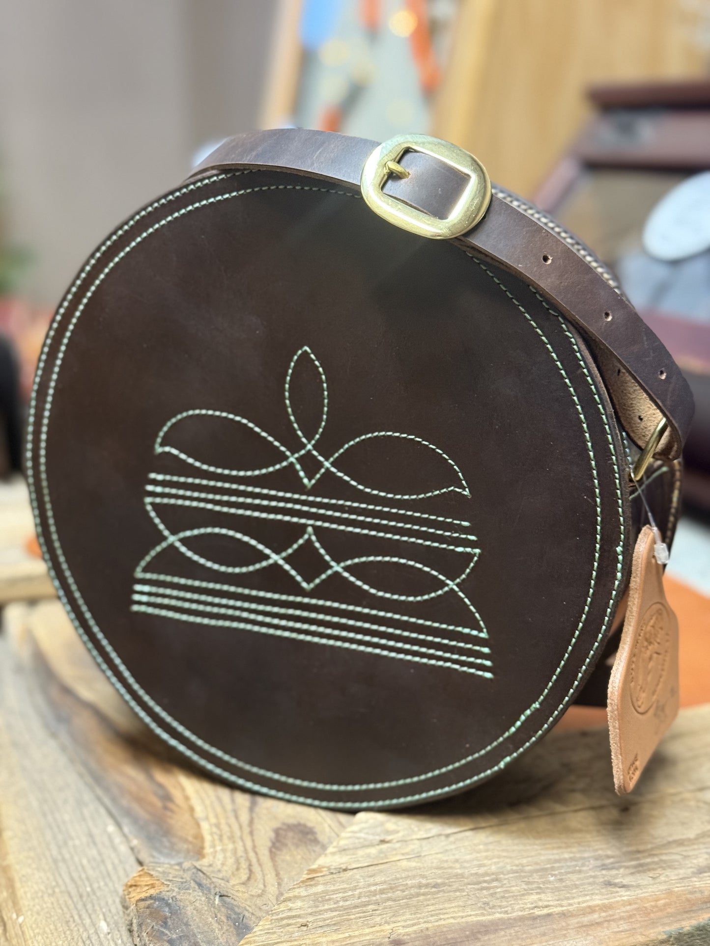 Boot Stitched 10” Round Purse-Dark Brown