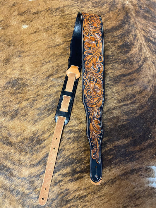 Floral Tooled Guitar Strap-Two Tone Black