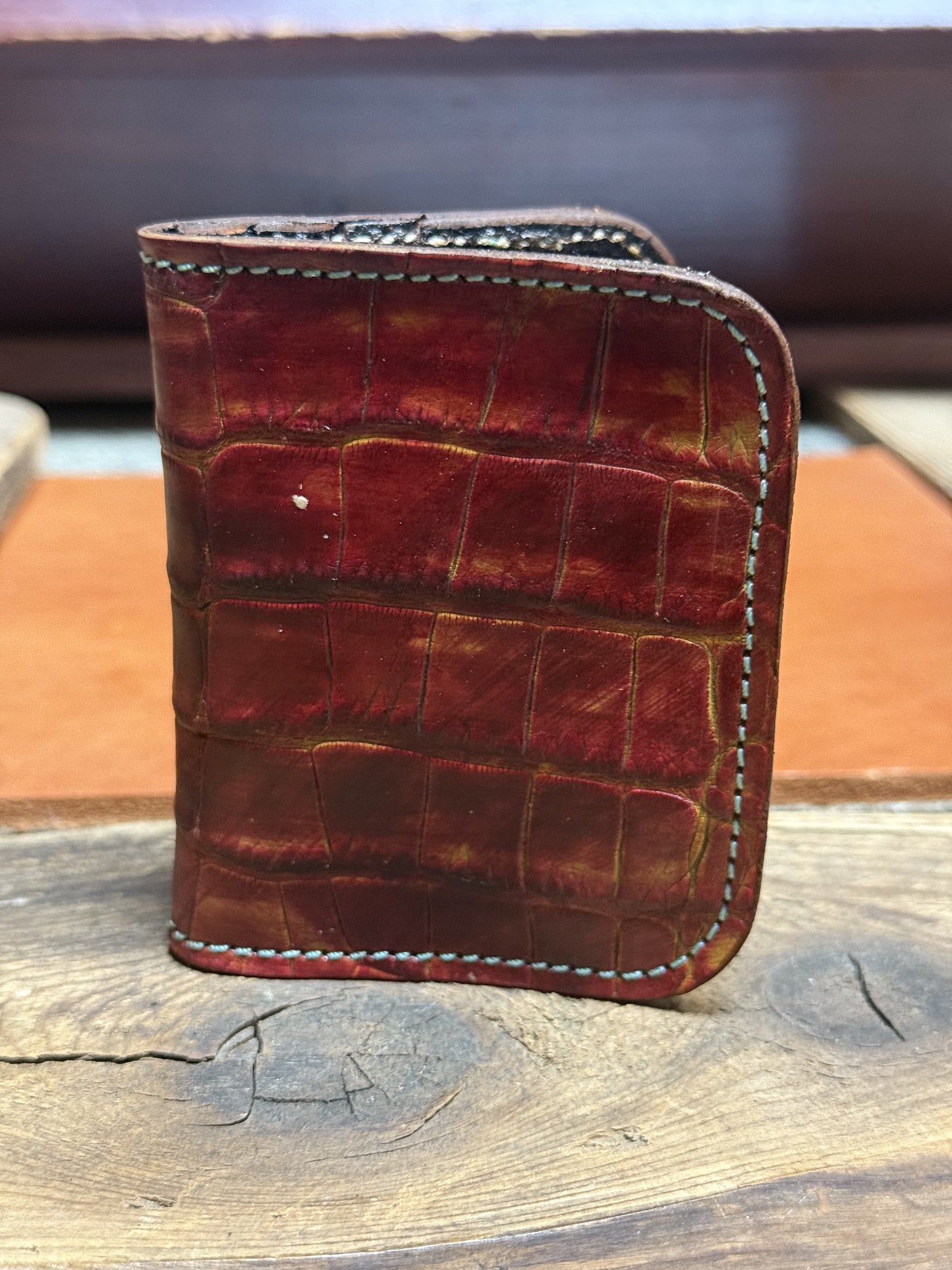 Alligator Compact Card Wallet-Red/Yellow/Brown