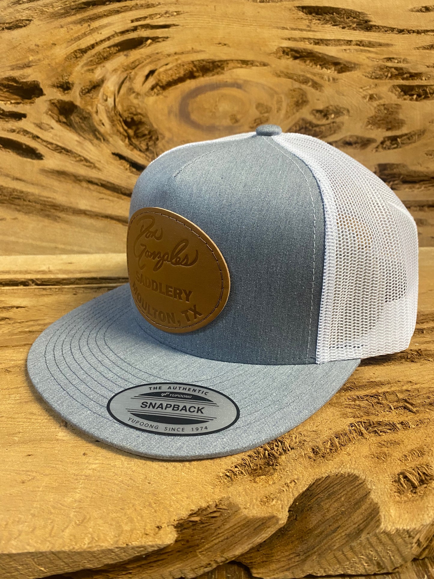 Mesh Snapback Cap with Leather Patch - Heather Grey/White