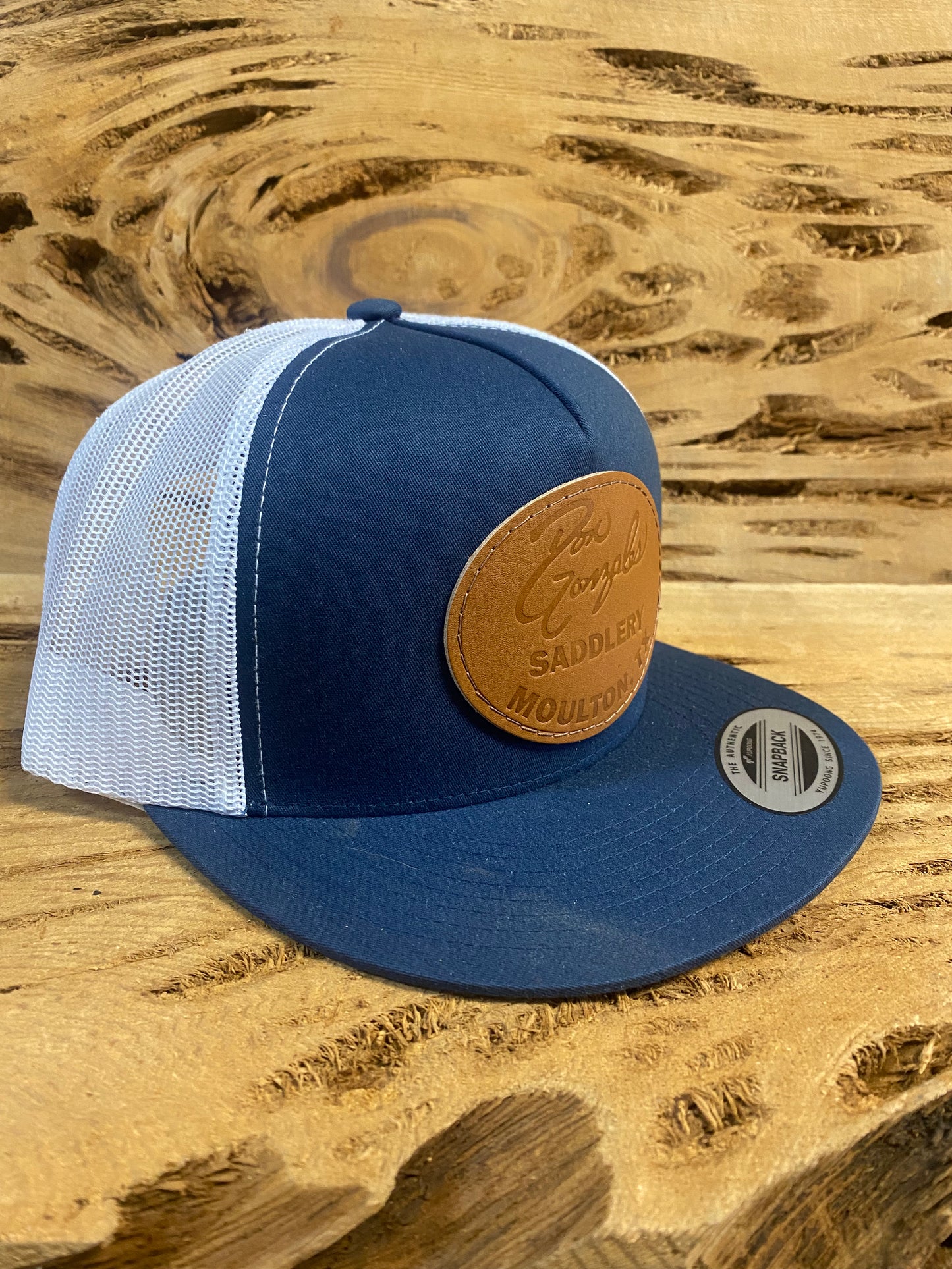 Mesh Snapback Cap with Leather Patch - Navy/White