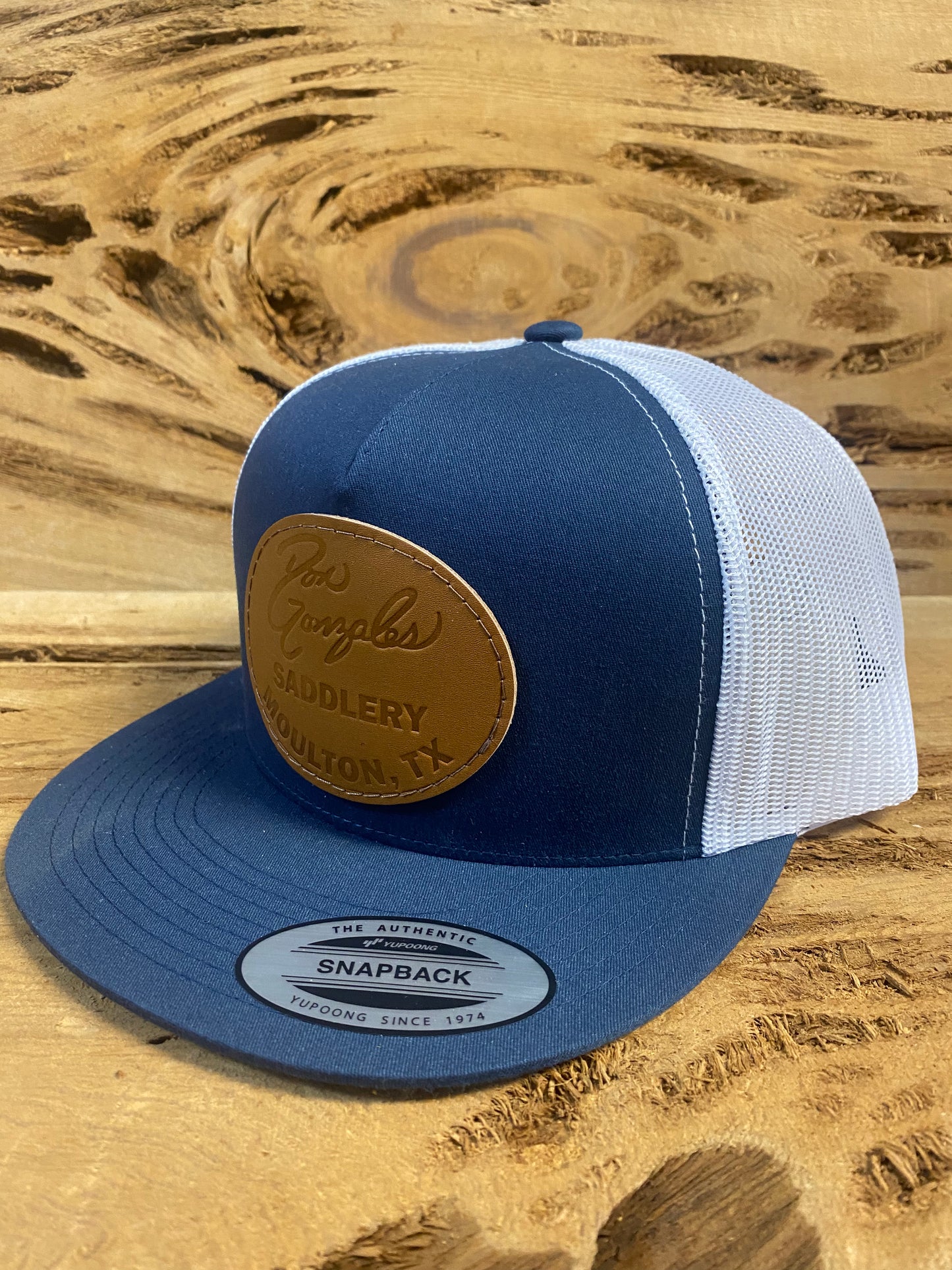 Mesh Snapback Cap with Leather Patch - Navy/White