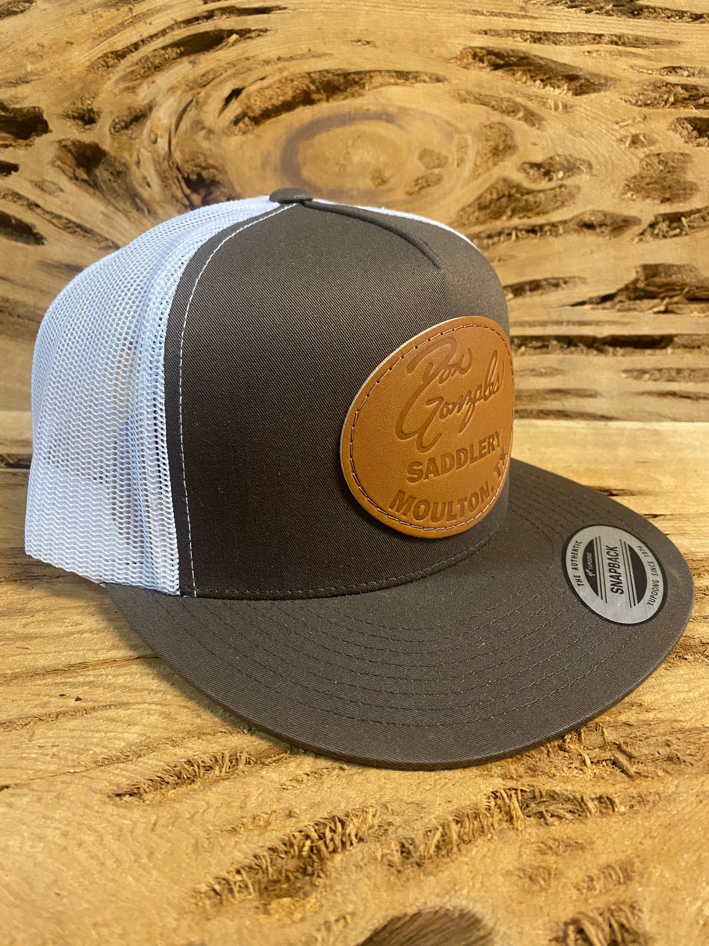 Mesh Snapback Cap with Leather Patch - Brown/White