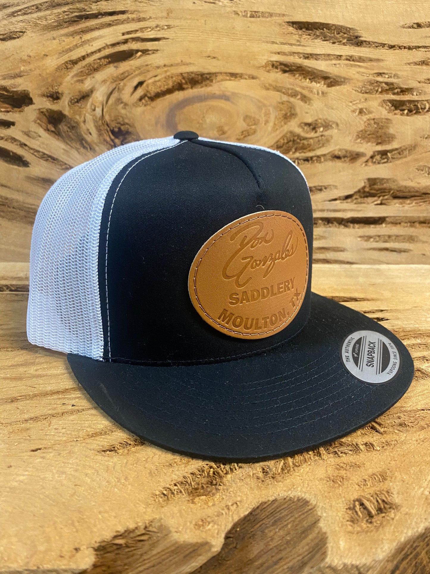 Mesh Snapback Cap with Leather Patch - Black/White