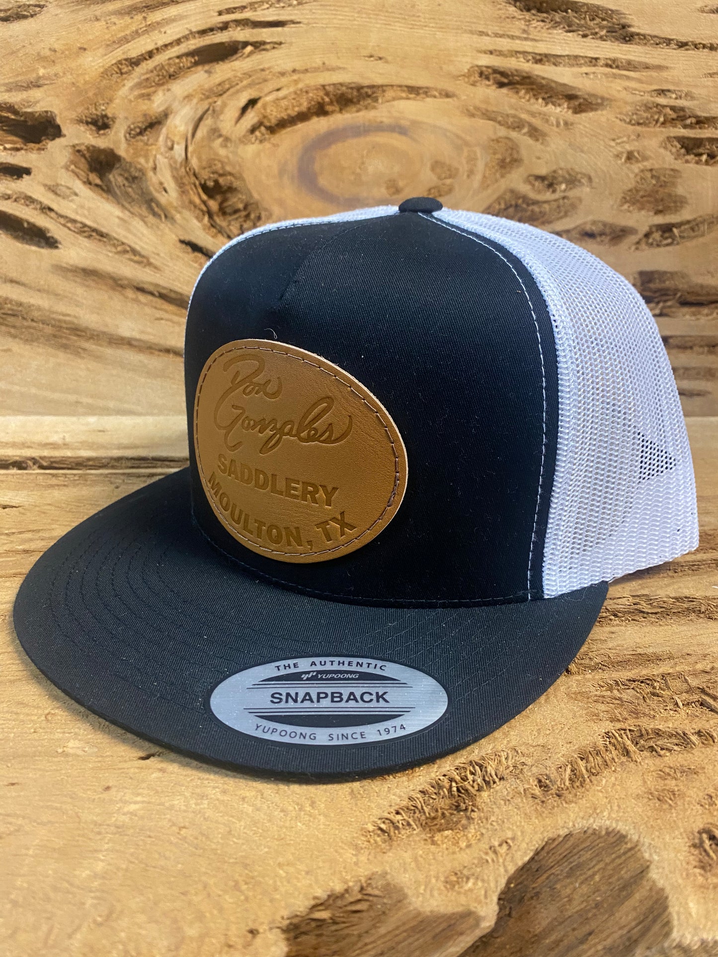 Mesh Snapback Cap with Leather Patch - Black/White