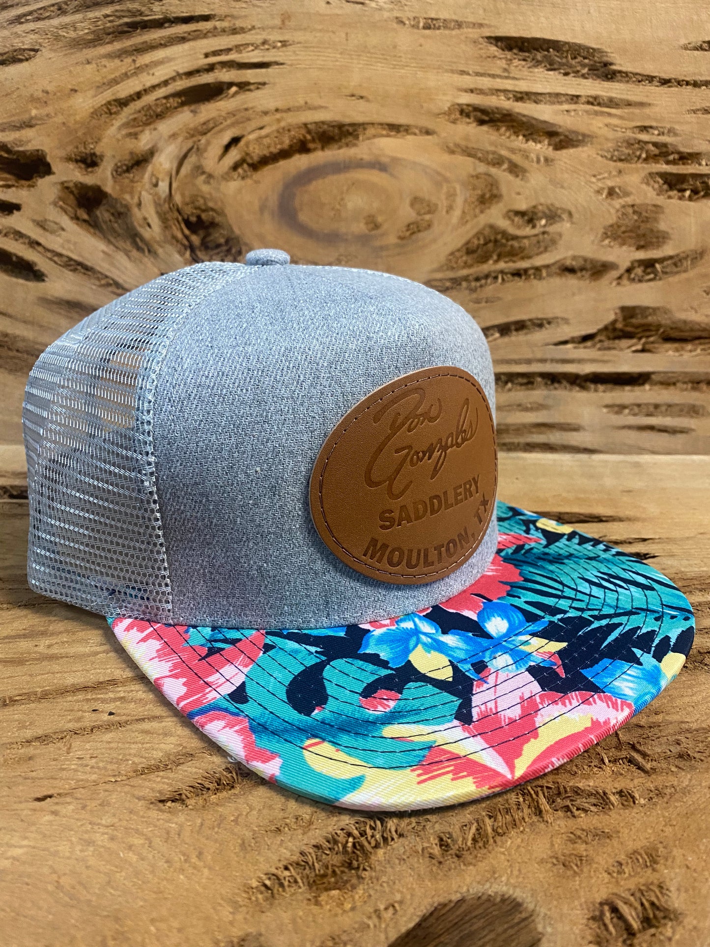 Mesh Cap with Leather Patch - Hawaiian/Grey