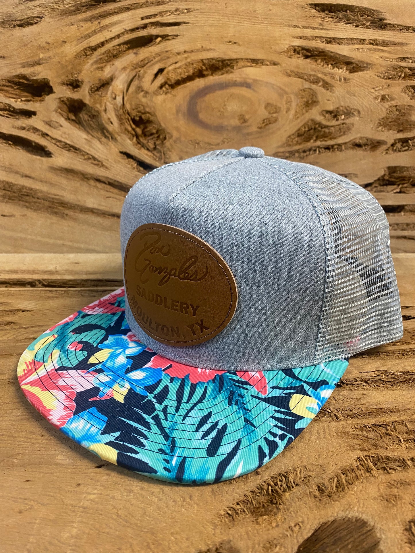 Mesh Cap with Leather Patch - Hawaiian/Grey