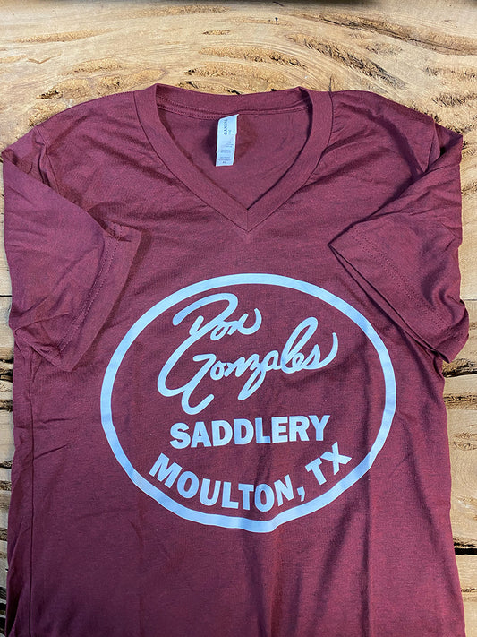 V - Neck DG Saddlery Logo Tshirt - Heather Cardinal