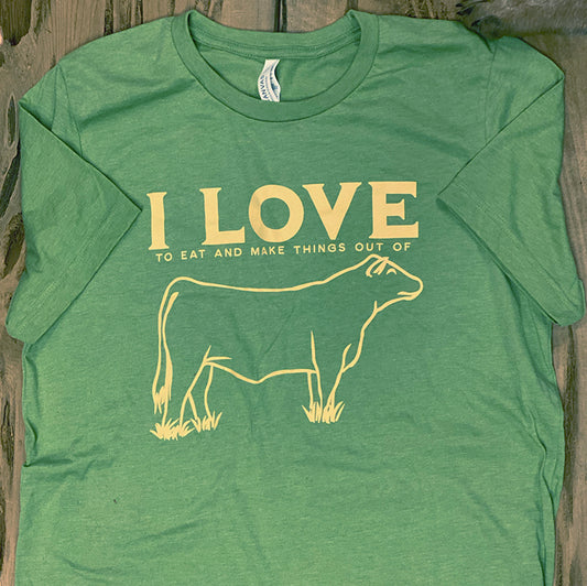 "I Love Cows" Tshirt - Heather Green Color
