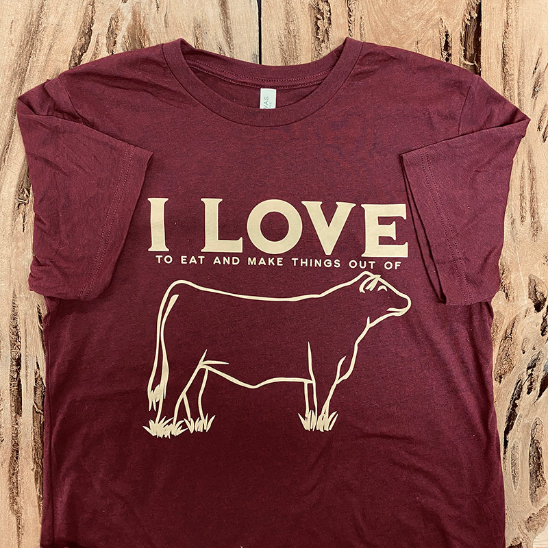"I Love Cows" Tshirt - Heather Cardinal Color
