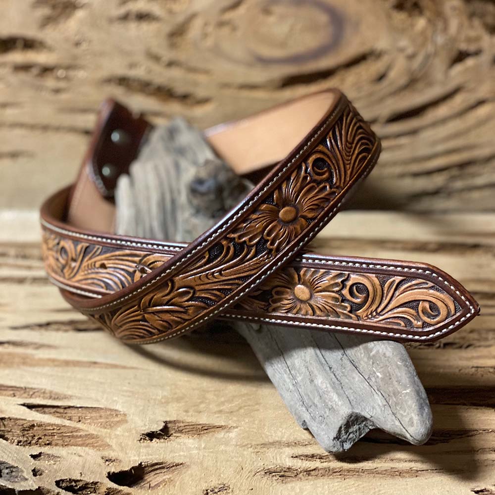 Floral Tooled Leather Belt - TwoTone Brown Floral