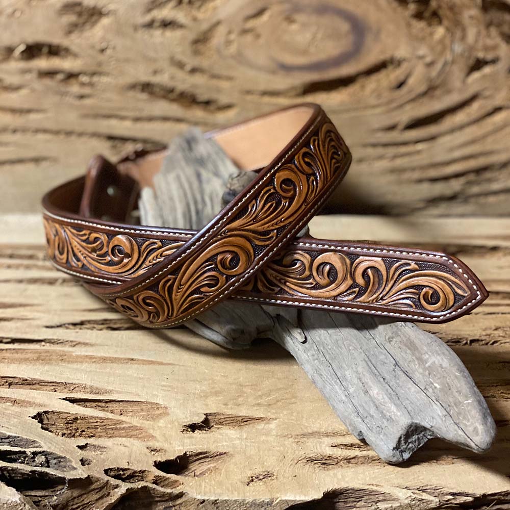 Floral Tooled Leather Belt - Two Tone Brown Ribbon Scrolls